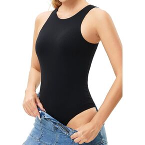 Women's Sleeveless Crew Neck Bodysuits Workout Double Lined Halter Racer Back Sexy Thong Tank Tops Spandex