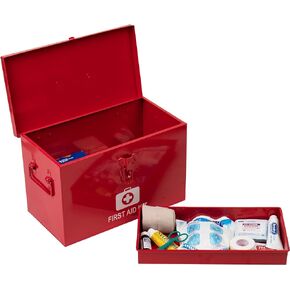 Mind Reader First Aid Box, Emergency Kit, Medical Supply Organizer, Vintage, Buckle Lock, Metal, 13.25"L x 7"W x 8.25"H, Red