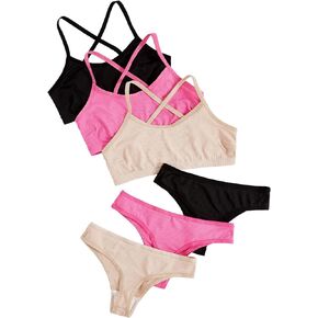 SweatyRocks Women's Basic Ribbed Knit Bra and Panty 3 Pack Lingerie Set Hot Pink S