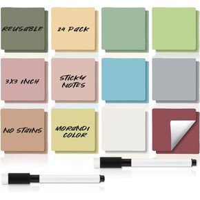 Tenceur 24 Pcs Reusable Sticky Notes Dry Erase Board Sticker Whiteboard Stickers and 2 Black Marker Dry Erase Labels Planning Pads for Teacher(Morandi Color)
