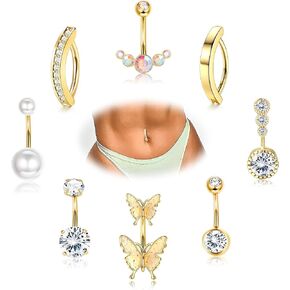 FIASASO 8 قطع ذهبية على شكل زر البطن، حلقات بطن من الفولاذ المقاوم للصدأ الجراحية تشيكوسلوفاكيا أوبال لؤلؤة البطن على شكل زر حلقة نقر على البطن للنساء، حزمة ثقب السرة فضي/ذهبي in Kuwait