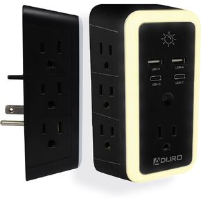Aduro Multi Plug Outlet Extender with Surge Protector and Night Light, Black – Wall Charger Power Strip with Adapter 7 Outlets, 2 USB & 2 Type-C Charging Ports – for Home Office Travel, ETL Listed in Saudi Arabia