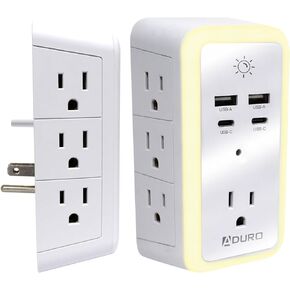 Aduro Multi Plug Outlet Extender with Surge Protector and Night Light, Black – Wall Charger Power Strip with Adapter 7 Outlets, 2 USB & 2 Type-C Charging Ports – for Home Office Travel, ETL Listed