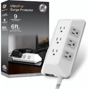 GE-Branded UltraPro 9-Outlet Surge Protector, 2480J, 6ft. Braided Cord, Extensoin Cord for School, Home, Office, White – 82596