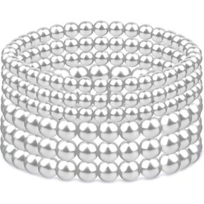 6 pcs Pearl Bracelet Set, Dainty Pearl Bracelets for Women Stackable, Stretch Beaded Bracelets Elastic, Trendy Jewelry Gift for Women Girls Wedding, Party, Valentine's Day