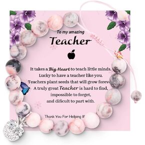 Teacher Appreciation Gifts, Adjustable Natural Stone with Apple Charm Teacher Bracelet for Women Thank You Gifts Retirement Gifts for Women Men with Gift Message Card