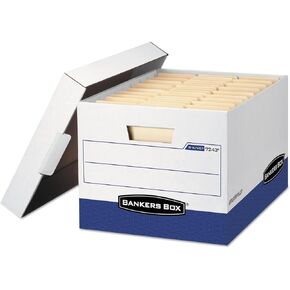 Bankers Box 12 Pack R-KIVE Heavy-Duty File Storage Boxes, FastFold, Lift-Off Lid, Letter, White/Blue