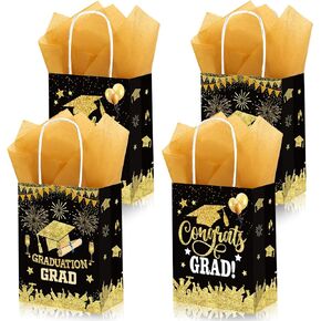 FEBSNOW 12 Pcs Graduation Gift Bag with Tissue Paper, Congrats Gift Bag Black gold Graduation Bags Bag with Handles for Gifts Class of 2024 Grad Party Paper Bags Grad Goodie Bags Bulk for Congrats Grad Party