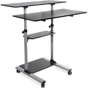 Mount-It! Wide Mobile Stand Up Desk | Height Adjustable Rolling Workstation with 40" Wide Table Tops | Multi-Purpose Rolling Presentation Cart with Four Platforms | Black (MI-7970B)