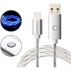 Momen iPhone شاحن الحبل 10ft LED Light Up Charging Cord Cool Lighting MFi Certified Cable متوافق iPhone 14/13/12/11/X/8/8 Plus/iPad مع زر التبديل (أزرق)
