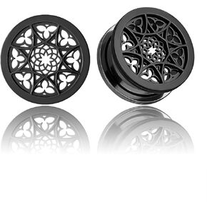 LADEMAYH 2Pcs 0g Plugs Gauges for Women, Exquisite Black Size 0 Gauge Plugs Gauges for Ears, Eight-Petals Flower 0 Gauge Earrings Surgical Steel 0g Ear Tunnels Gauges