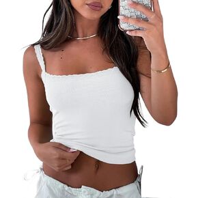 Women's Lace Patchwork Spaghetti Strap Crop Cami Tank Y2K Ribbed Shirts Top