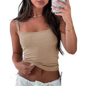 Women's Lace Patchwork Spaghetti Strap Crop Cami Tank Y2K Ribbed Shirts Top in Kuwait