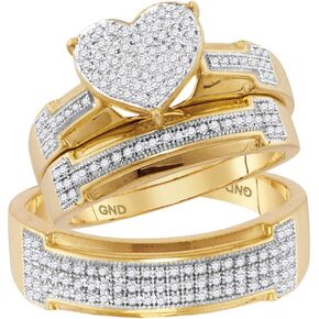 10kt Yellow Gold His & Hers Round Diamond Heart Cluster Matching Bridal Wedding Ring Band Set 1/2 Cttw (I2-I3 clarity; J-K color)