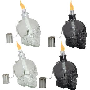 Sunnydaze Grinning Skull Glass Tabletop Torches - Outdoor Patio Lighting - Includes Wicks and Attached Snuffers - Set of 4 Refillable Torches - Black