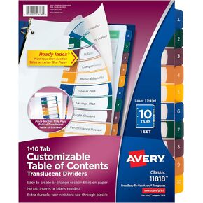 Avery Plastic 10 Tab Binder Dividers, Customizable Table of Contents, Multicolor Tabs, 1 Set (11818)