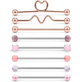 Dyknasz 8pcs 14G Stainless Steel Industrial Barbell Earrings Opal Cartilage Forward Helix Body Piercing Jewelry 38mm (1 1/2 Inch) Industrial Piercing