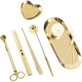 6 in 1 Candle Wick Trimmer Cutter,Candle Lighter Rechargeable, Candle Snuffer Extinguisher, Candle Wick Dipper, Candle Care Kit，Candle Accessory Set with Storage Tray Plate for Candle Lover (Gold-01)
