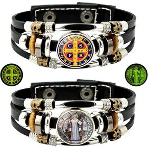 2 قطعة سوار سان بينيتو للرجال يتوهج في الظلام سوار متقاطع سانت بنديكت متعدد الطبقات من الجلد أزرار إطباقية مضفرة للأب والابن والزوج والأزواج مجوهرات in Kuwait