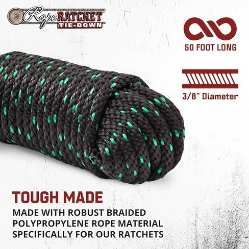 Rope Ratchet 1/2 Tie Down Cord, Polyester Braided Utility Rope 50 ft, Green in Kuwait