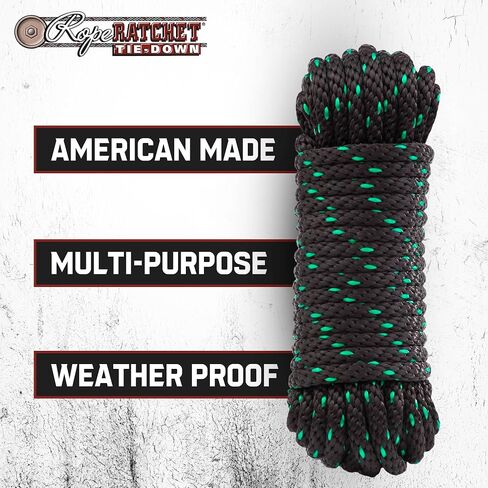 Rope Ratchet 1/2 Tie Down Cord, Polyester Braided Utility Rope 50 ft, Green in Kuwait