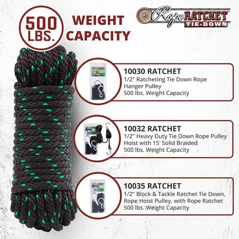 Rope Ratchet 1/2 Tie Down Cord, Polyester Braided Utility Rope 50 ft, Green in Kuwait