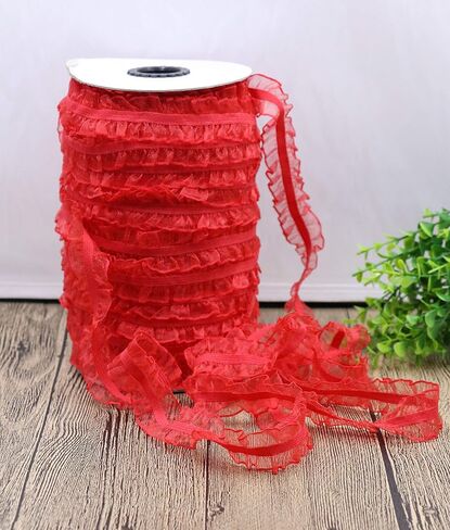 YYCRAFT 10 Yards Elastic Craft Lace Trim,1" Wide Double Ruffle Organza Trim for DIY Headband,Clothes Sewing Embellishment(Red) in Saudi Arabia