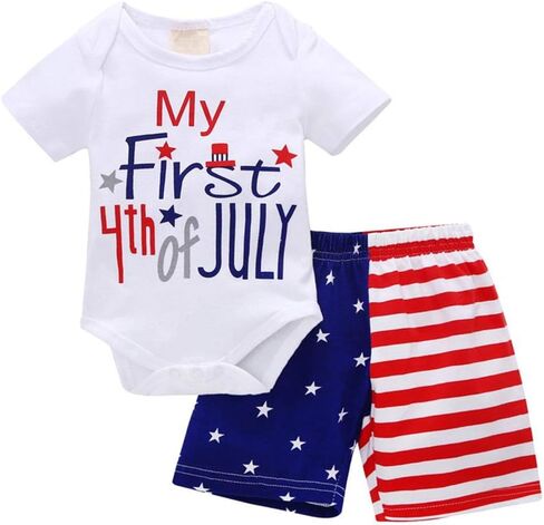 IMEKIS My First 4th of July ملابس الأولاد الصغار العلم الأمريكي رومبير النجوم المشارب السراويل عيد الاستقلال الملابس الوطنية مجموعة in Saudi Arabia