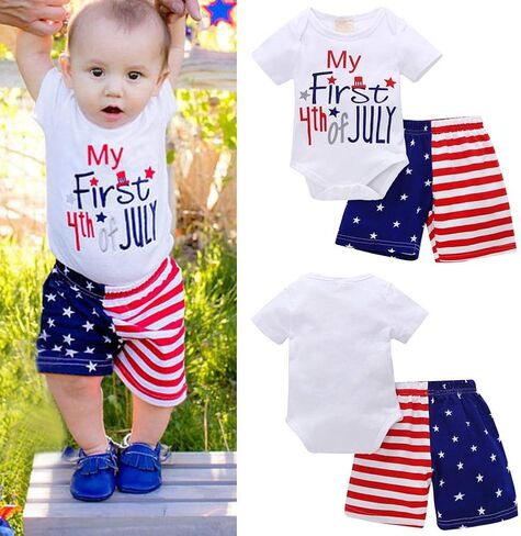 IMEKIS My First 4th of July ملابس الأولاد الصغار العلم الأمريكي رومبير النجوم المشارب السراويل عيد الاستقلال الملابس الوطنية مجموعة in Saudi Arabia