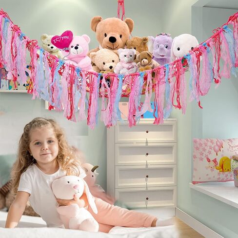 شبكة أو أرجوحة حيوانات محشوة مع ضوء LED، مقاس 59 بوصة × 43 بوصة × 43 بوصة، ديكور غرفة حامل أرجوحة حيوانات محشوة مع شرابات لغرفة لعب الأطفال وغرفة نوم الأطفال in Kuwait