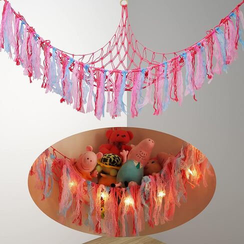 شبكة أو أرجوحة حيوانات محشوة مع ضوء LED، مقاس 59 بوصة × 43 بوصة × 43 بوصة، ديكور غرفة حامل أرجوحة حيوانات محشوة مع شرابات لغرفة لعب الأطفال وغرفة نوم الأطفال in Kuwait