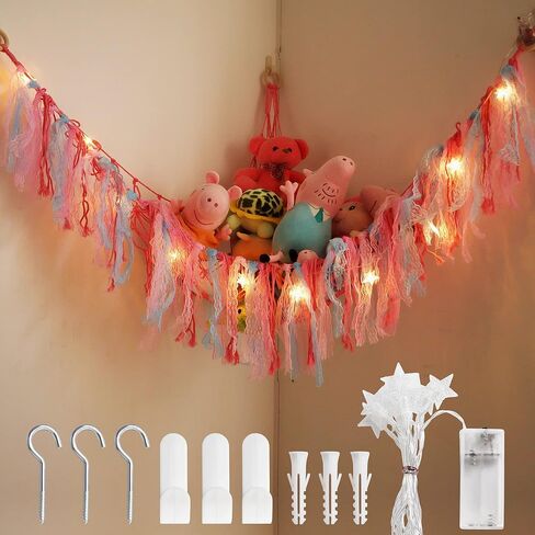 شبكة أو أرجوحة حيوانات محشوة مع ضوء LED، مقاس 59 بوصة × 43 بوصة × 43 بوصة، ديكور غرفة حامل أرجوحة حيوانات محشوة مع شرابات لغرفة لعب الأطفال وغرفة نوم الأطفال in Kuwait