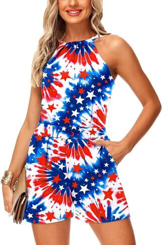 Deerose 4th of July Romper for Women American Flag Ladies Outfits Independence Day Halter Neck Rompers L in Saudi Arabia