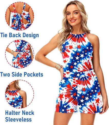 Deerose 4th of July Romper for Women American Flag Ladies Outfits Independence Day Halter Neck Rompers L in Saudi Arabia