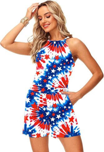 Deerose 4th of July Romper for Women American Flag Ladies Outfits Independence Day Halter Neck Rompers L in Saudi Arabia