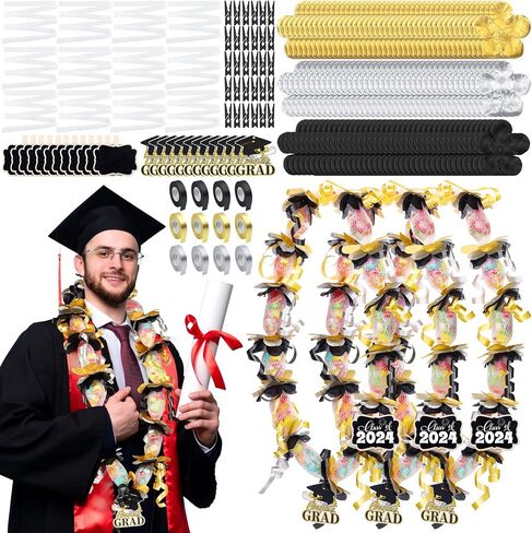 Aodaer 12 Sets 2024 Graduation Candy Lei Making Kit Candy Lei Tubing Include Mesh Poly Tubing 197 Yard Gift Ribbon Grad Petal Clip Mini Chalkboards Grad Cap Card for Crafts Graduation Party Gift, Gold in Saudi Arabia