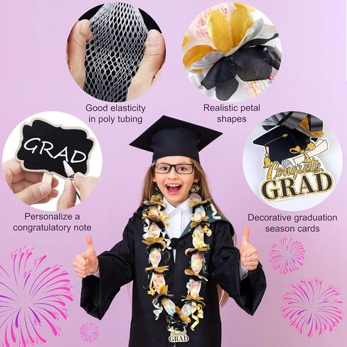 Aodaer 12 Sets 2024 Graduation Candy Lei Making Kit Candy Lei Tubing Include Mesh Poly Tubing 197 Yard Gift Ribbon Grad Petal Clip Mini Chalkboards Grad Cap Card for Crafts Graduation Party Gift, Gold in Saudi Arabia