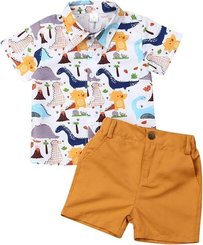 Toddler Boys Dress Clothes Kids Animal Print Button Down Shirt Solid Color Shorts Boys Summer Gentleman Suit Outfit in Saudi Arabia