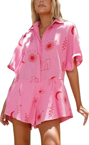 Womens Summer Casual Floral Print Short Sleeve Button Down Shorts Rompers V Neck Collared Boho Jumpsuit in Saudi Arabia