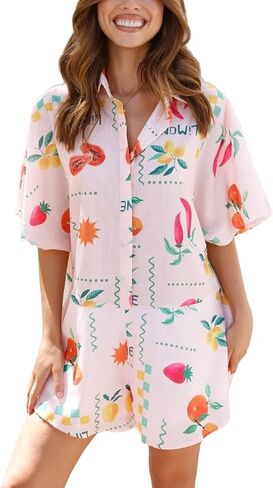 Womens Summer Casual Floral Print Short Sleeve Button Down Shorts Rompers V Neck Collared Boho Jumpsuit in Kuwait