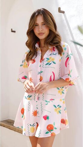 Womens Summer Casual Floral Print Short Sleeve Button Down Shorts Rompers V Neck Collared Boho Jumpsuit in Kuwait