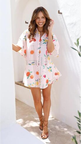 Womens Summer Casual Floral Print Short Sleeve Button Down Shorts Rompers V Neck Collared Boho Jumpsuit in Kuwait
