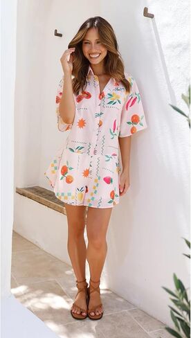 Womens Summer Casual Floral Print Short Sleeve Button Down Shorts Rompers V Neck Collared Boho Jumpsuit in Kuwait