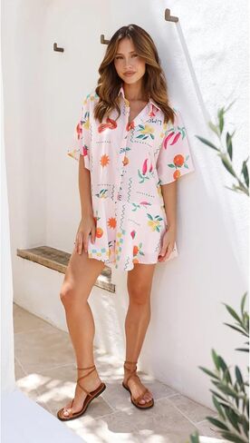 Womens Summer Casual Floral Print Short Sleeve Button Down Shorts Rompers V Neck Collared Boho Jumpsuit in Kuwait