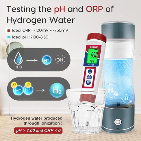 جهاز اختبار الهيدروجين، جهاز اختبار مياه الهيدروجين من GIDIGI، جهاز قياس الهيدروجين الرقمي للمياه، جهاز قياس ORP دقيق، مجموعة اختبار درجة الحرارة 4 في 1 pH H2 ORP لزجاجة مياه الهيدروجين، جهاز اختبار ppb/ppm لمياه الهيدروجين مع ATC in Kuwait