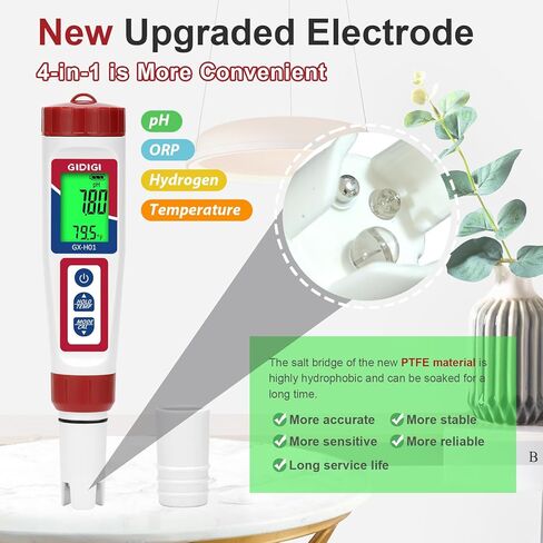 جهاز اختبار الهيدروجين، جهاز اختبار مياه الهيدروجين من GIDIGI، جهاز قياس الهيدروجين الرقمي للمياه، جهاز قياس ORP دقيق، مجموعة اختبار درجة الحرارة 4 في 1 pH H2 ORP لزجاجة مياه الهيدروجين، جهاز اختبار ppb/ppm لمياه الهيدروجين مع ATC in Kuwait