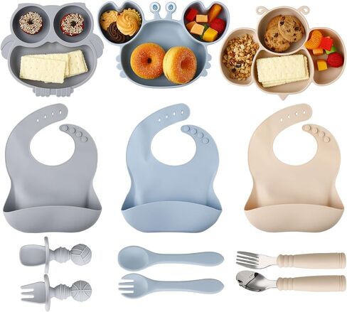 مجموعة مكونة من 3 قطع من أدوات تغذية الأطفال المصنوعة من السيليكون، وألواح شفط للطفل، وألواح سيليكون مع مقسمة بالشفط، ومجموعة مريلة شوكة ملعقة للأطفال لأطباق وأواني الأطفال، باللون البني والأزرق والرمادي in Kuwait
