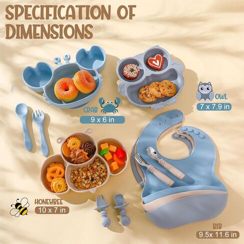 مجموعة مكونة من 3 قطع من أدوات تغذية الأطفال المصنوعة من السيليكون، وألواح شفط للطفل، وألواح سيليكون مع مقسمة بالشفط، ومجموعة مريلة شوكة ملعقة للأطفال لأطباق وأواني الأطفال، باللون البني والأزرق والرمادي in Kuwait