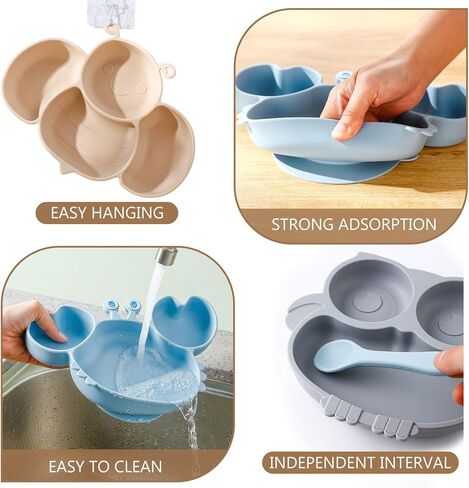 مجموعة مكونة من 3 قطع من أدوات تغذية الأطفال المصنوعة من السيليكون، وألواح شفط للطفل، وألواح سيليكون مع مقسمة بالشفط، ومجموعة مريلة شوكة ملعقة للأطفال لأطباق وأواني الأطفال، باللون البني والأزرق والرمادي in Kuwait