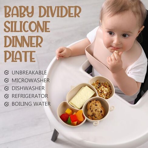 مجموعة مكونة من 3 قطع من أدوات تغذية الأطفال المصنوعة من السيليكون، وألواح شفط للطفل، وألواح سيليكون مع مقسمة بالشفط، ومجموعة مريلة شوكة ملعقة للأطفال لأطباق وأواني الأطفال، باللون البني والأزرق والرمادي in Kuwait